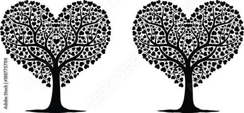 Heart shape tree silhouettes, love nature symbol illustration, romantic floral design, black tree artwork isolated on white background