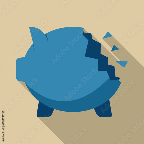 Broken blue piggy bank with shards flying, symbolizing financial breakdown and loss