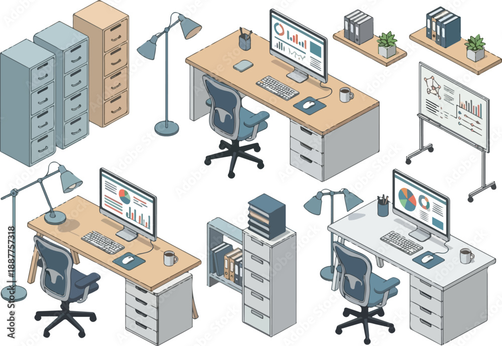 Obraz premium Isometric Office Space Desks, Chairs, and Filing Cabinets Illustration