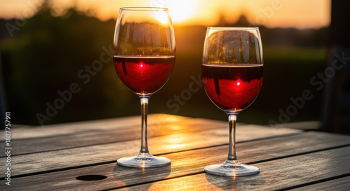 Two wine glasses with red liquid under sunset light on wooden surface