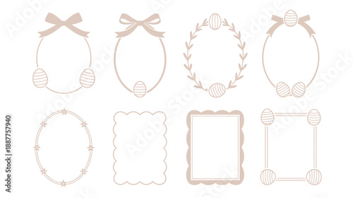 Soft neutral Easter frame vector set featuring ribbon bows, wreath borders, rounded labels for spring wedding invitation, christening, baby announcement