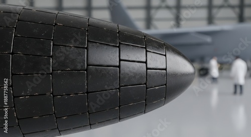 Close-up view of a futuristic, segmented, dark metallic aircraft nose cone in a hangar with blurred figures in lab coats in the background.