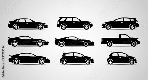 Collection of Black Car Silhouettes Various Models.