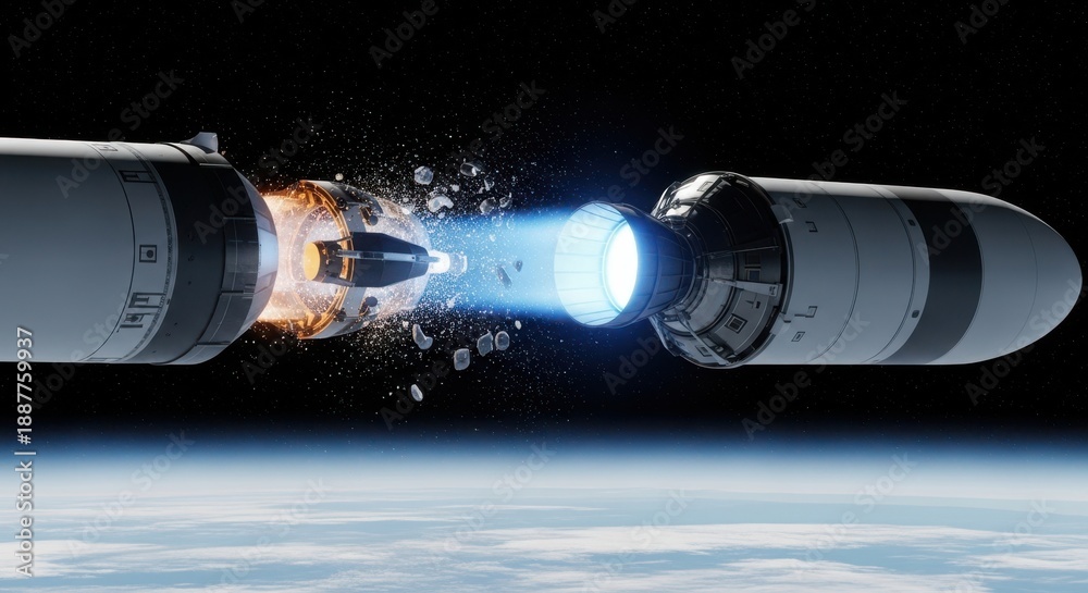 Fototapeta premium A rocket stage separation event in space, with debris and exhaust visible against the Earth's atmosphere.