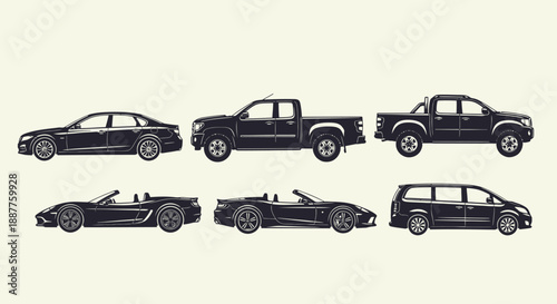 Collection of Black Cars and Trucks Isolated on White Background.