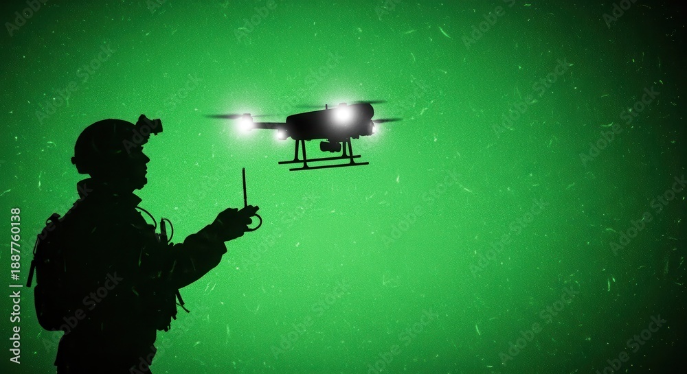 Naklejka premium Silhouette of drone pilot operating unmanned aerial vehicle against green illuminated background, modern surveillance technology, remote control system and futuristic security concept