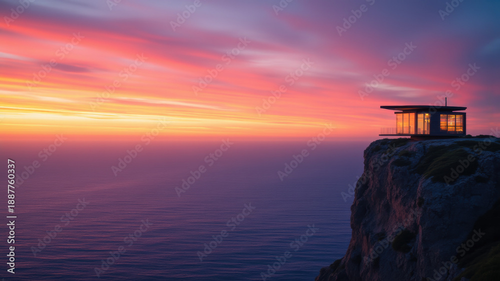Fototapeta premium A modern cabin with large windows sits on a rocky cliff edge overlooking a vast ocean. A vibrant sunset paints the sky with hues of pink and purple, creating a dramatic, isolated scene.