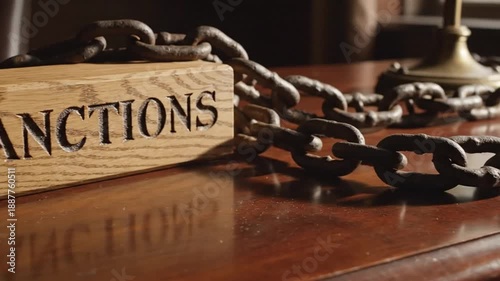 symbolic representation of imprisonment or restriction with chained wooden block labeled sanctions