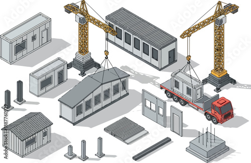 Isometric Construction Set Prefabricated Buildings and Cranes