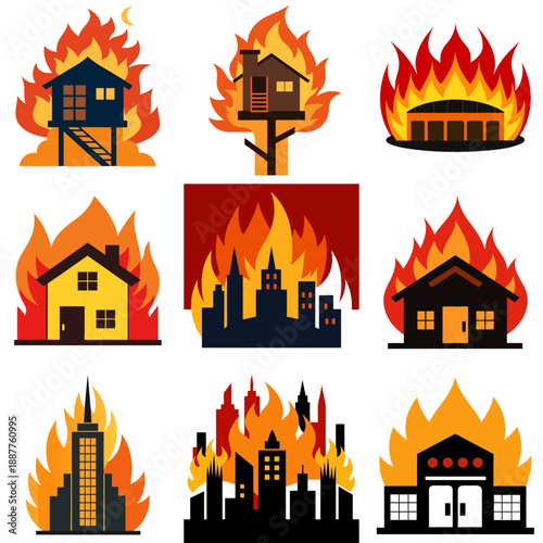 Buildings engulfed in flames, various structures on fire