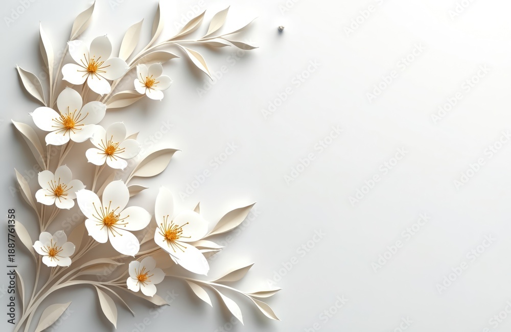 Fototapeta premium Delicate white paper flowers bloom on branches with subtle leaves against a plain background. This elegant floral art forms a border perfect for wedding invitations or springtime event flyers.