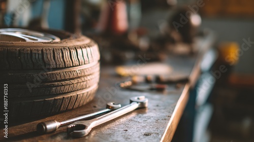 tyre. Close-up of a tyre and tools on a workshop bench, highlighting mechanical repair. mobility guides, transit brochures, designed for transport & logistics marketing, used by chefs.