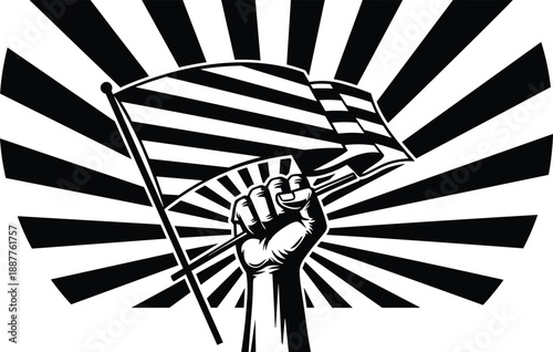 Raised fist holding flag symbolizing freedom resistance revolution patriotism unity protest power activism vintage propaganda style illustration