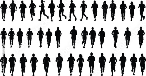 Running people silhouettes collection, joggers and runners in motion, fitness exercise poses, black human figures isolated on white background illustration