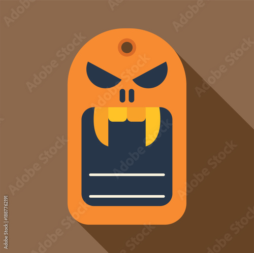 Orange monster tag with sharp fangs and dark eyes for halloween concepts