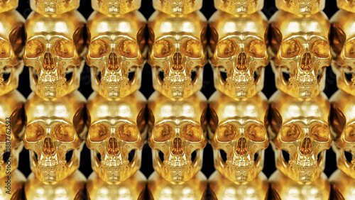 Front view of many golden metal skulls arranged in rows. Luxury horror background.