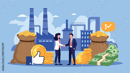 Business partners shaking hands in front of an industrial plant with bags of gold coins and stacks of cash symbolizing successful investment.
