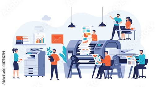 Professional team working in a printing house with large format industrial printers and digital copiers for high quality document production.