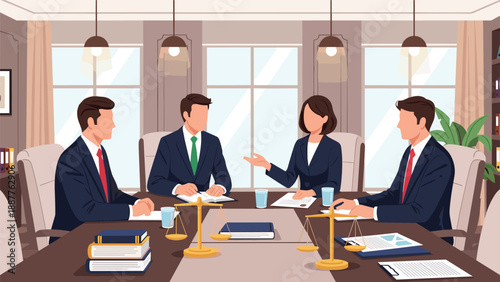 Group of professional lawyers or executives having a serious discussion around a conference table in a formal legal or corporate setting.