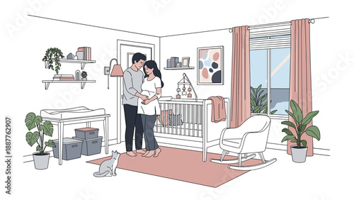 Expectant parents standing in their beautifully decorated nursery and sharing a tender moment while preparing for their baby arrival.