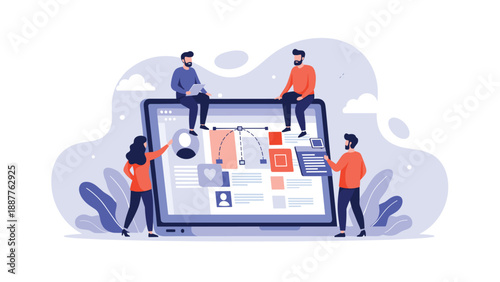 Creative designers collaborating on a giant laptop screen to arrange icons and user interface elements for a new digital product.