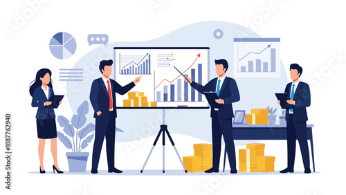 Group of business professionals analyzing financial growth charts and standing near stacks of golden coins in a modern office.