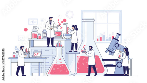 Team of professional scientists conducting experiments and research in a modern laboratory filled with large glassware and scientific tools.