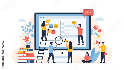 Creative team collaborating on a giant computer monitor to organize project tasks and sticky notes for their upcoming business plan.