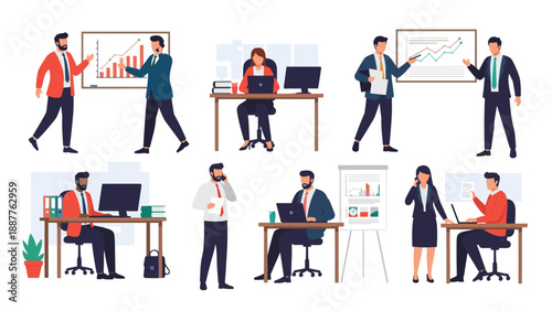 Comprehensive set of illustrations showing diverse office employees engaged in various professional activities like calling, typing, and presenting.