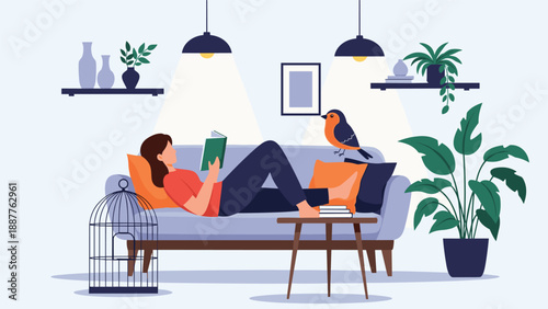 Relaxed woman lying on a sofa and reading a book in a peaceful living room filled with lush green plants and a friendly bird.