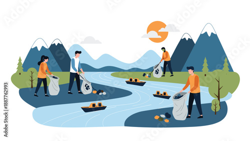 Dedicated group of volunteers working together to clean up trash and debris along a river to protect the environment and nature.