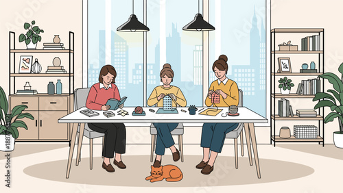 Group of women enjoying creative hobbies like knitting and reading while sitting at a table in a bright modern apartment.