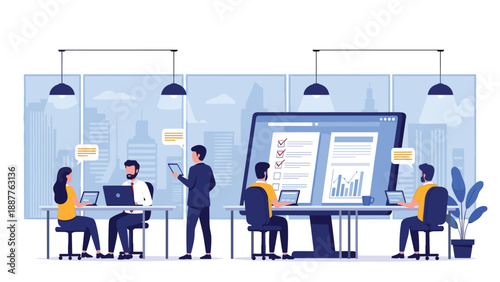 Professional team collaborating on project management and data tasks in a modern office with a huge digital screen.