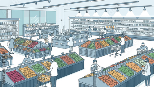 Busy supermarket interior showing many customers shopping for fresh fruits and vegetables in a spacious modern store.