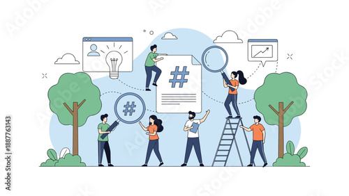 Creative team working together to research and manage social media content around a giant hashtag document in a park.