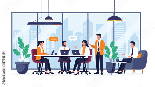 Group of professional diverse business colleagues sitting at a conference table having a productive office meeting.