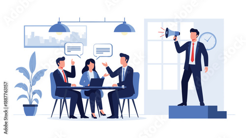 Leader using a megaphone to motivate and communicate with a business team during a project meeting in an office.