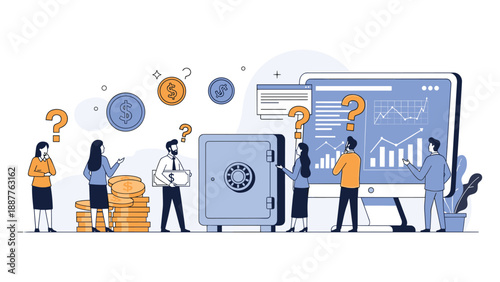 Financial professionals discussing investment security and growth around a large safe with gold coins and data charts.