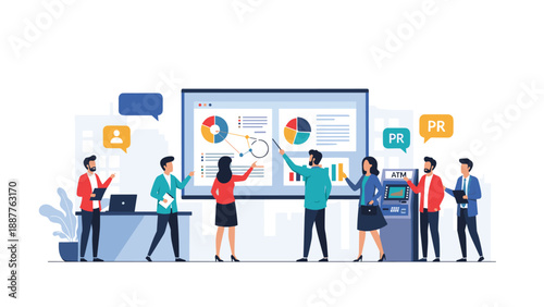 Diverse group of people analyzing financial data and charts on a large digital screen during a corporate seminar.