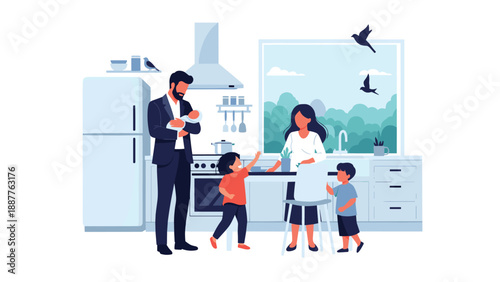 Happy family spending time together in a modern kitchen with parents preparing food while children play nearby.