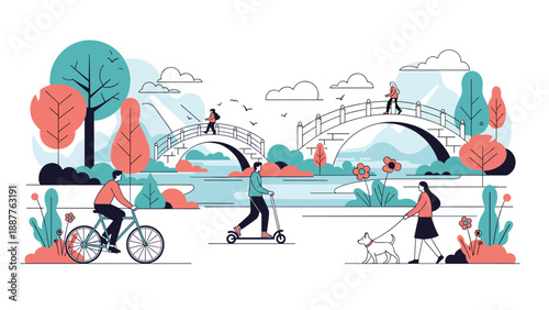 People enjoying leisure activities in a scenic city park with bridges walking dogs and riding bicycles or scooters.