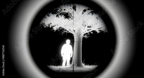 A person stands near a tree, viewed through a thermal imaging scope, highlighting heat signatures.