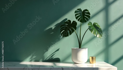 Monstera plant sits on marble table. Green wall has sunlight shadows. Minimalist indoor decor enhances modern interior design for luxury lifestyle scenes.