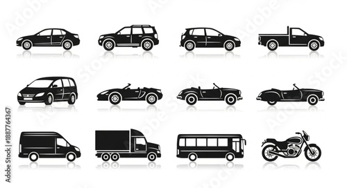 Collection of Different Vehicle Silhouettes on White Background.