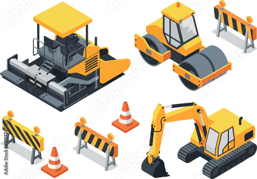 Isometric Construction Equipment Paver, Roller, Excavator, Traffic Cones and Barriers