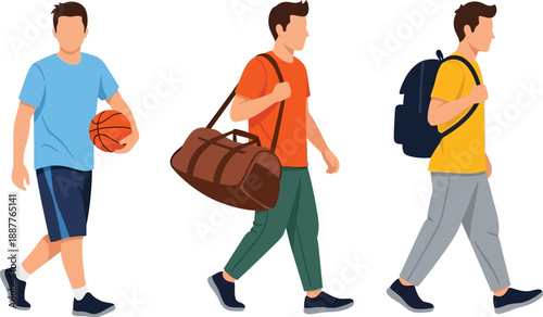 Three different illustrations of young men walking with sports bags and equipment, representing various daily activities.