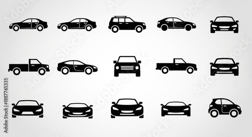 Collection of Car Silhouettes Various Types Transportation Icons.