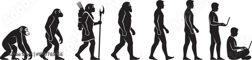 Comprehensive Black Silhouette Illustration of Human Evolution Concept Showing Stages from Primate to Modern Man Using a Laptop Isolated on a Clean White Background