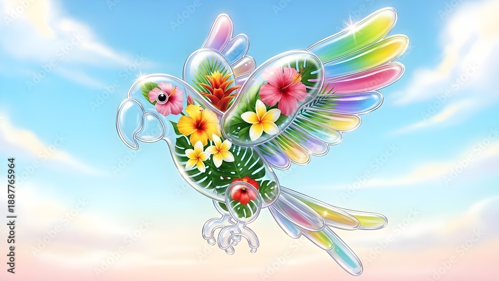 Obraz premium Transparent parrot filled with tropical flowers for vibrant summer travel and nature marketing.