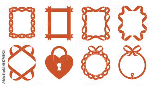 Cute ribbon frame collection, bow tied square and round labels, heart padlock tag, wreath border set, valentine gift packaging vector